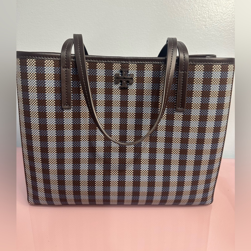 NWT Tory Burch Blake Plaid Zip Tote Blue Multi Woven Nylon Lightweight🤎